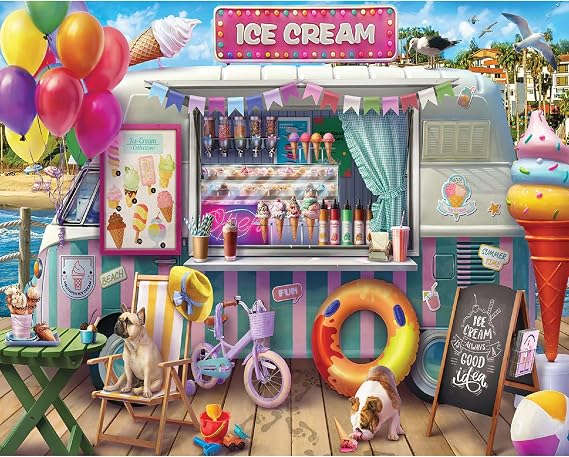 White Mountain 1000 Piece Jigsaw Puzzle Summer Beach Scene, Ice Cream Van