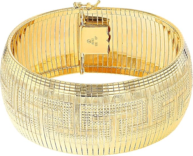 JTV Moda Al Massimo 18K Gold-Plated Omega Link Bracelet for Women, Italian Made, Greek Key Design, Bold Statement Piece with Hidden Box Clasp, (7.5")