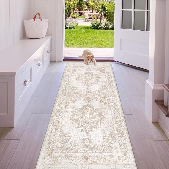 Area Rug 2x6 Runner Rug: Washable Vintage Hallway Rugs Indoor Medallion Rug Low Pile Distressed Floor Carpet Retro Accent Rugs for Kitchen Bedroom Bathroom Dining Room(Beige, 2'x6')