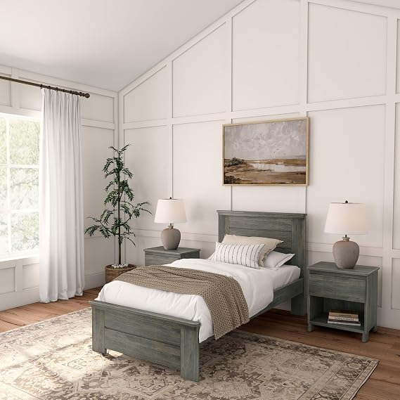 Plank+Beam Modern Farmhouse Single Bed (Twin), Panel Headboard, Driftwood | Exceptional Craftsmanship, Enhanced Durability, Metal Support Bar, Modern Styling, Solid Wood