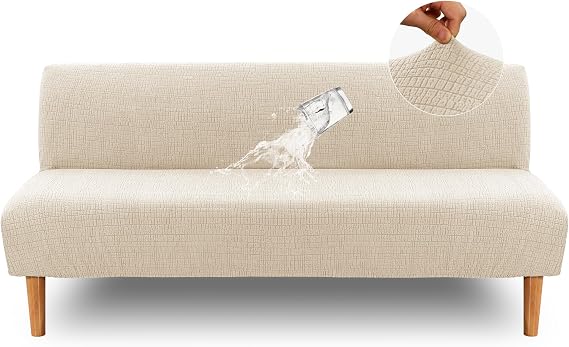 H.VERSAILTEX 100% Waterproof Futon Covers, Leakproof Armless Sofa Covers, Stretch Jacquard Sofa Bed Cover, Washable Futon Slipcover Furniture Protector for Kids, Pets, Dog and Cat, Ivory