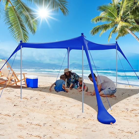 Poudee Beach Tent, 1010 FT Beach Canopy with 4 Poles, UPF50+ Pop Up Sun Shelter for 4-8 Person, Portable Outdoor Shade Canopy for Beach, Picnics, and Backyard