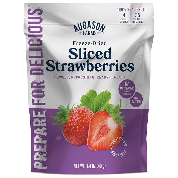 Augason Farms Freeze Dried Sliced Strawberries Pouch 1.4 oz | Gluten Free Snack for Baking, Smoothies, and Emergency Storage, Healthy Individual Fruit Snacks 1.4 Ounces (4 Servings)