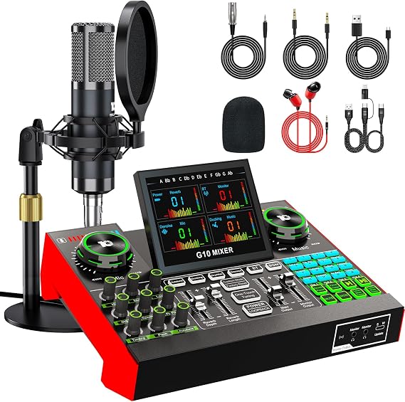 Podcast Equipment Bundle with 3.5mm Condenser Microphone for Pc/Phone Live Streaming Singing Gaming Music Recording, Live Sound Card Audio Mixer, Sound Board with Voice Changer, Denoise