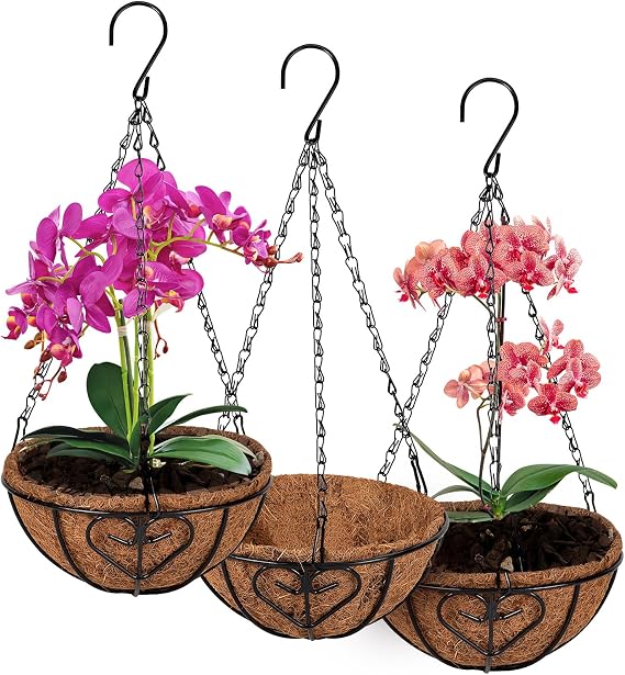 QCQHDU 3 Pack 10 inch Hanging Orchid Baskets for Plants Outdoor, Hanging Orchid Planter Basket with Coco Liners, Orchid Pots with Holes for Garden, Patio, Deck, Porch Plants(Love)