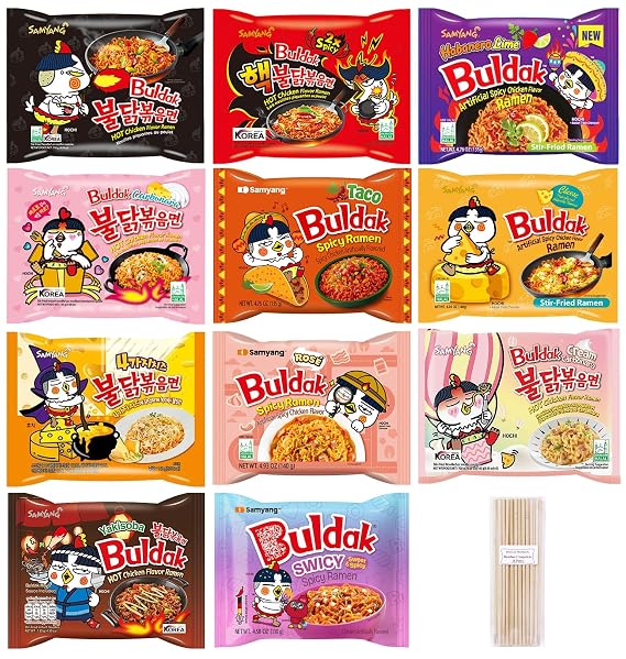 Samyang Spicy Hot Chicken Ramen 11 Flavor Variety Pack - FREE Chopsticks - Korean Buldak Ramen Noodles (11 Pack)