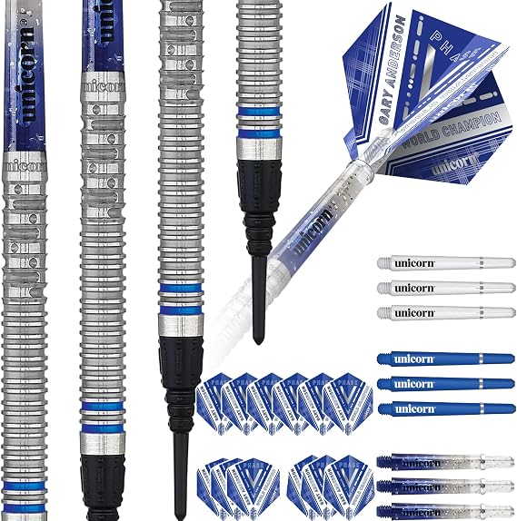 Unicorn Soft Tip Darts Set | Gary Anderson Phase 3, 5, 6 World Champion | Natural Tungsten Barrels & Epic Tips| Presentation Packaging | 18g or 20g