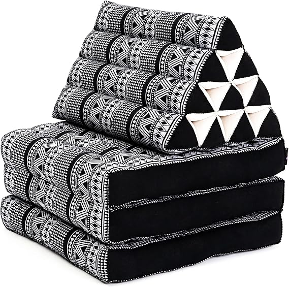 Leewadee Comfortable Japanese Floor Mattress - Thai Floor Bed with Triangle Cushion - Futon Mattress - XL Extra Long Thai Massage Mat, 89 x 20 inches, Black White, Kapok Filling