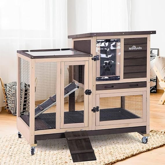 Indoor Outdoor Rabbit Hutch, Bunny Cage on Wheels with 2 Deep No Leakage Pull Out Trays (Coffee)