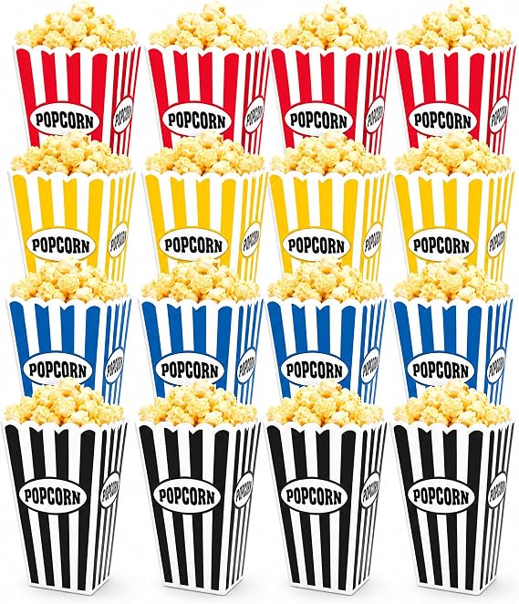 Jucoan 16 Pack Plastic Popcorn Containers, 30oz Reusable Popcorn Boxes Buckets Bowls for Movie Night Home Theater Carnival Party, 4 Color Retro Striped Open Top Popcorn Tub Cup, 3.5x3.5x7.5 Inch