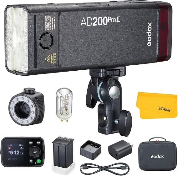 GODOX AD200 Pro II AD200Pro II TTL Pocket Flash Strobe, 200Ws Outdoor Flash | 1/8000s HSS Speedlite, Improved Heat Dissipation, One-Tap Wireless Sync, 500 Full Power Flashes, 40W Bi-Color Modeling Light