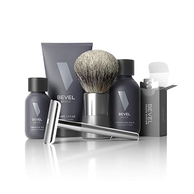 Shaving Kit for Men by Bevel - Starter Shave Kit, Includes Safety Razor, Shaving Brush, Shave Creams, Oil, Balm and 20 Blades. Clinically Tested to Help Prevent Razor Bumps