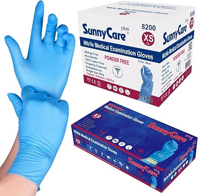 SunnyCare 1000Pcs 8200 Blue Nitrile Medical Exam Gloves Powder Free Chemo-Rated Non Vinyl Latex 100box;10boxescase Size: X-Small