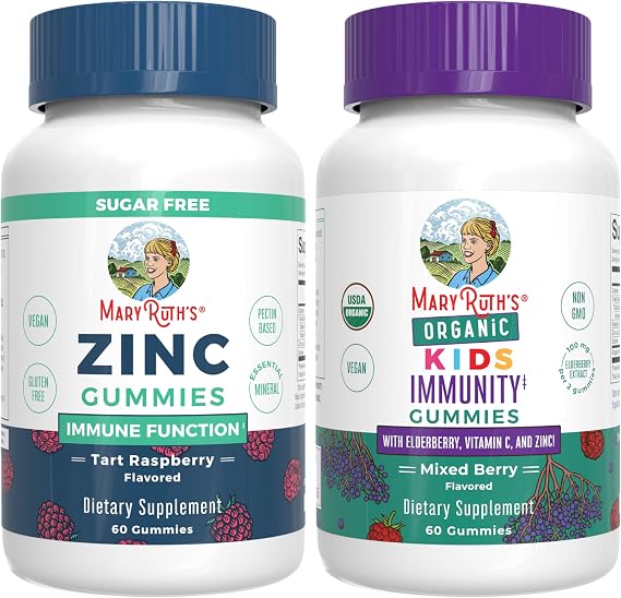 MaryRuth Organics Zinc (Tart Raspberry) & Kids Immunity Gummies (Mixed Berry) | Clean Label Project Verified | Vitamins for Immunity & Overall Health and Wellness | Vegan, Non-GMO, No Gelatin