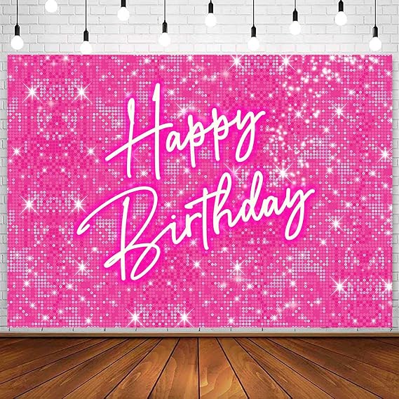 InMemory Shiny Pink Happy Birthday Backdrop for Lady Girls Women Princess Theme Party Decorations Birthday Banner Neon Photo Booth Studio Props Photography Background 6x4ft