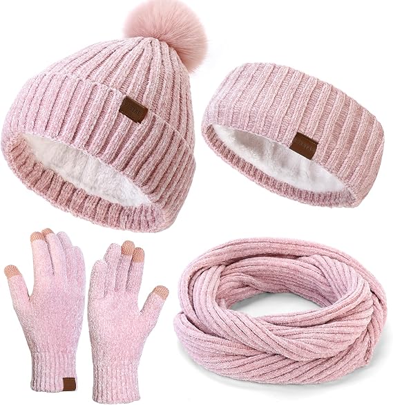 4 Piece Winter Accessories Set for Women, Beanie Hat Gloves Scarf Headband