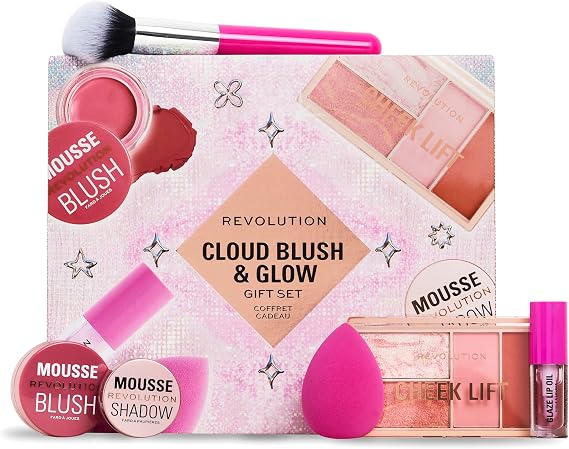 Revolution Beauty Cloud Blush & Glow Highlight Makeup Gift Set, 6-Piece Holiday Set with Eyeshadows, Blush, Nourishing Lip Oils, Vegan & Cruelty-Free