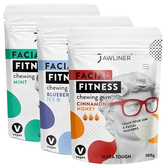 Jawliner Fitness Chewing Gum 15X Harder Jawline Gum Sugar Free Mint, Blueberry and Cinnamon Honey Jaw Gum Includes 12 Weeks Coaching Jawline Exerciser for Shaping the Jaw (6 Months Pack of 3 Flavor)