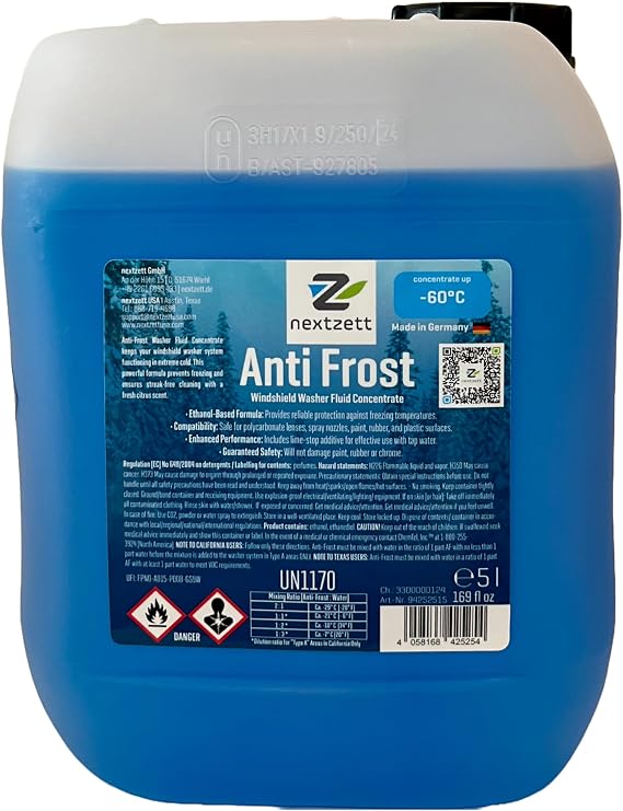 nextzett Anti-Frost Windshield Wiper Fluid Concentrate - Ethanol-Based for Freeze Protection to -20F - Streak-Free, Ammonia-Free - 169 fl oz (5 Liter)
