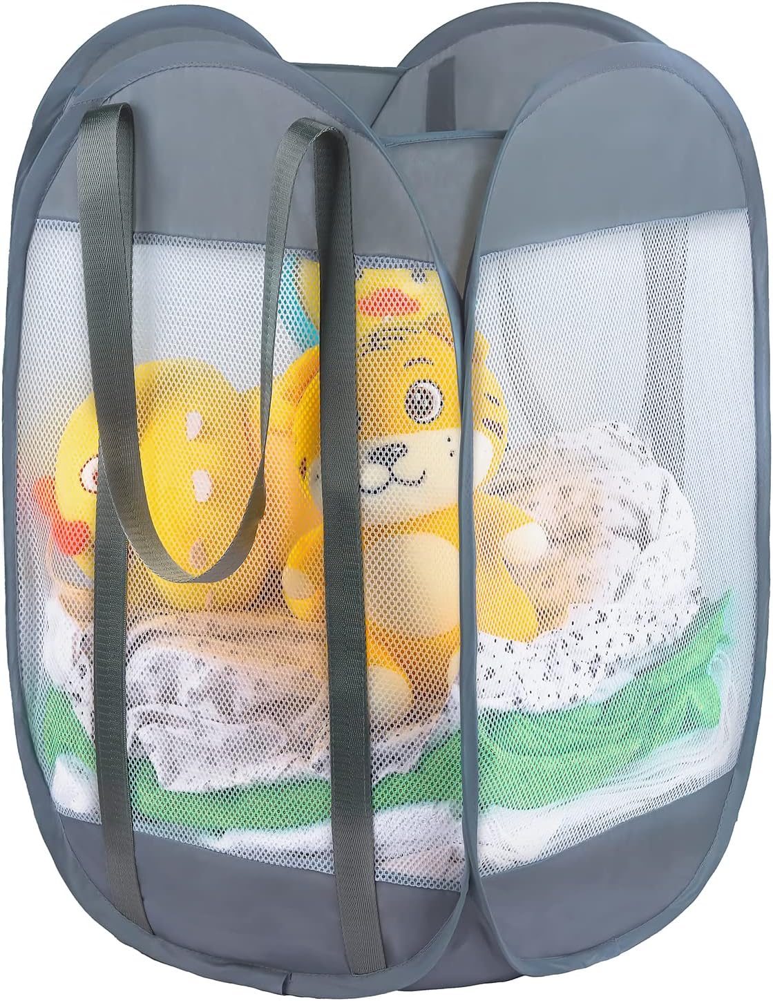 with strong handles Laundry Hamper,Tear Proof Pop Up Laundry Hampers, foldable mesh Laundry basket. Used for travel, laundry room，university dormitory or toy storage, etc.(Vertical (Grey))