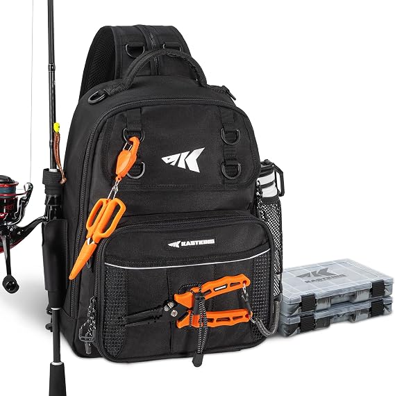 KastKing BaitSpace Fishing Sling Bag, Fishing Backpack with Rod Holder | Water-Resistant Tackle Storage with Soft Bait Binder, Adjustable Tackle Bag for Bank, Wading & Boat Fishing