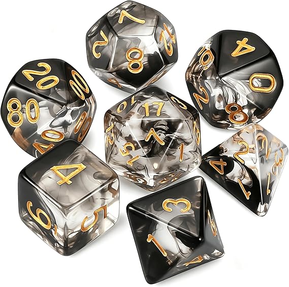 QMAY DND Dice, 7 Pcs Polyhedral Dice Set(Black Floating Silk transparent) | Acrylic Role Playing Dice with Black Velvet Bag for Dungeon and Dragons MTG RPG D&D D20, D12, D10, D%, D8, D6, D4