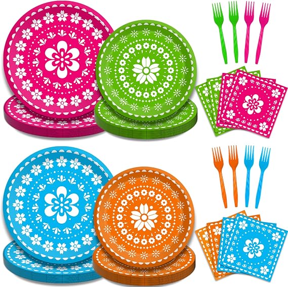 Kepeel 96 Pcs Mexican Fiesta Plates and Napkins, Papel Picado, Serves 24 | Papel picado-style floral tableware in four bright colors for Mexican fiestas, Cinco de Mayo events and themed gatherings