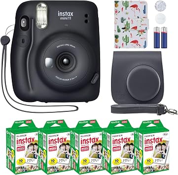 Fujifilm Instax Mini 11 Instant Camera Charcoal Gray  MiniMate Accessory Bundle & Compatible Custom Case  Fuji Instax Film Value Pack 50 Sheets Flamingo Designer Photo Album