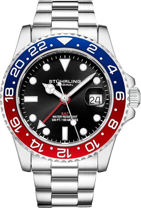 Stuhrling Original Men's Stainless Steel GMT Watch Quartz - 42mm Quartz Analog Wrist Watch for Men, Mens Quartz Watch, Stainless Steel Case, Casual Work Watch, Water Resistant Watch