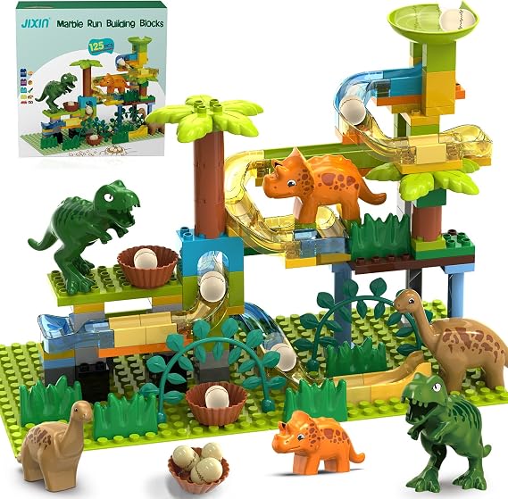 JIXIn Dinosaur Marble Runs for Kids 4-8/Building Blocks Compatible with DUPLO LEGO Sets/Marble Run for Kids Ages 3-5/125 PCS Classic Big Blocks Montessori Learning STEM Toys for Kid Age 3+