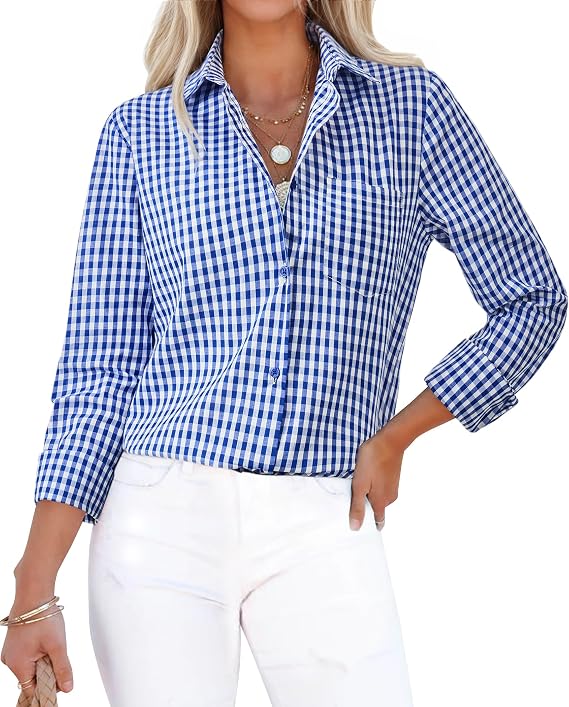 siliteelon Plaid Shirts for Women Cotton Gingham Top Button Down Long Sleeve Casual Collared Dress Shirts Work Blouse