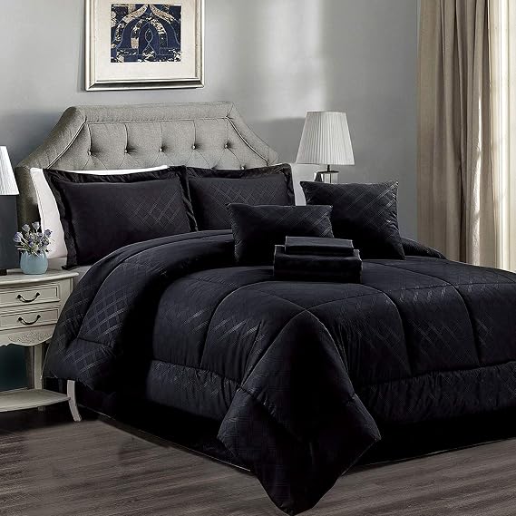 JML Queen Comforter Set, 10-Piece, Microfiber Bedding Comforter with Shams - 430GSM Heavyweight, Luxury Solid Color Quilted Embroidered Pattern, Perfect for Any Bed Room or Guest Room Black
