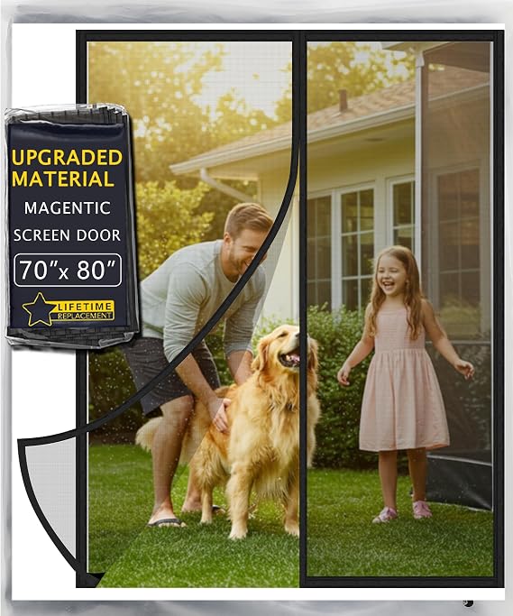 Upgraded Anti-rip Fiberglass French Door Screen Magnetic Closure, IKSTAR Mesh Screen Door Curtain with Self Sealing, Heavy Duty, Hands Free, Keep Bugs Out for Sliding Door - Fit Door Size Up 70" x 80