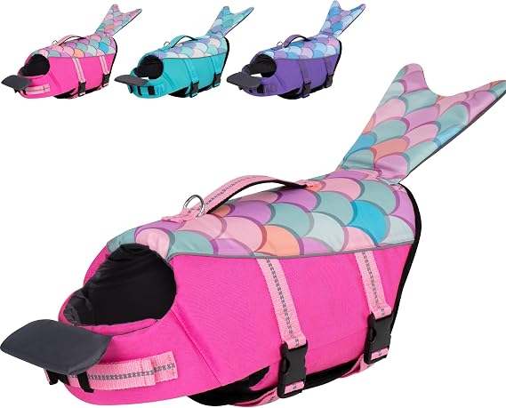 cyeollo Mermaid Dog Life Jacket Chin Float Support Dog Life Vest, Pink, S