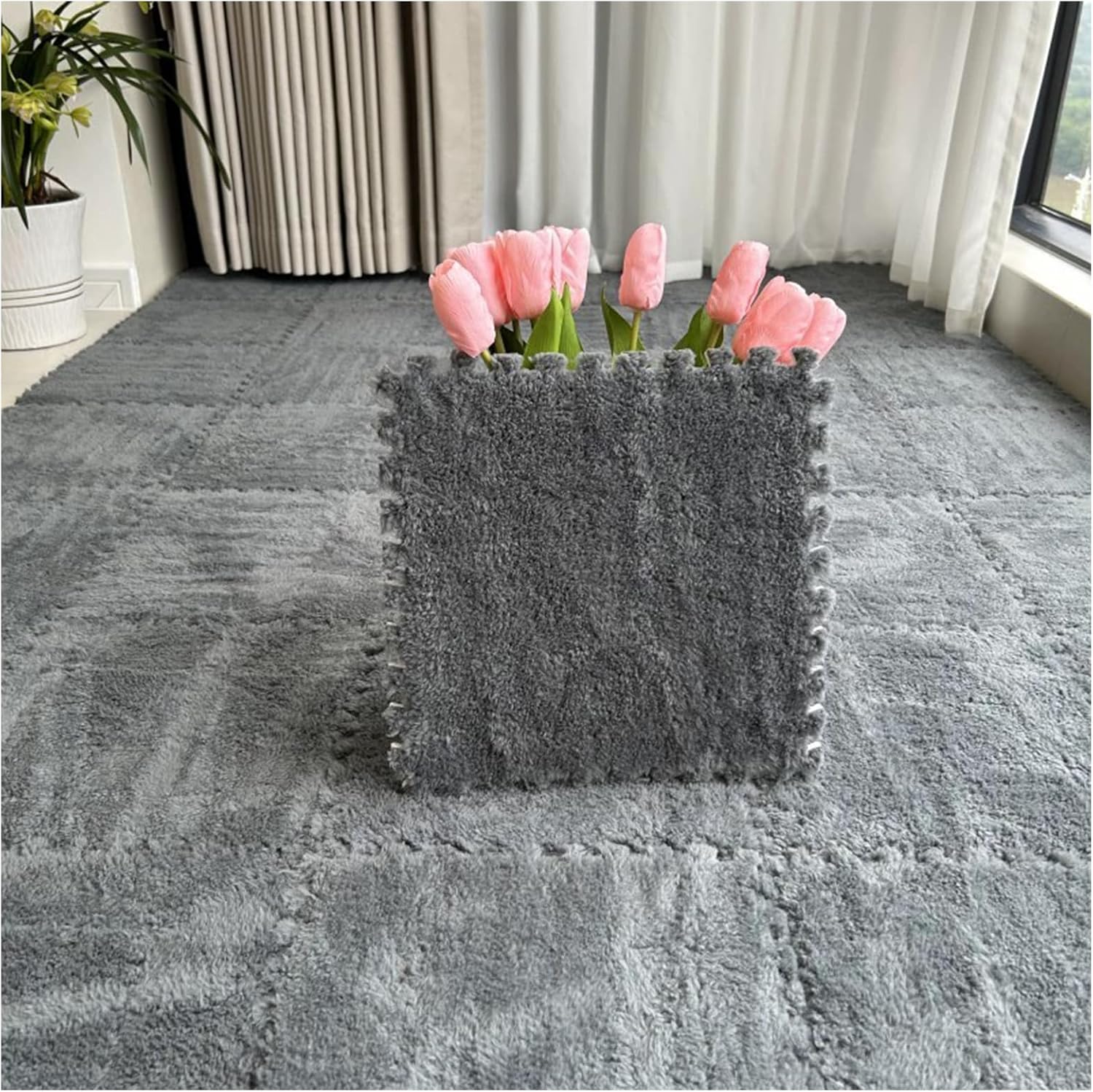 20 pcs Plush Puzzle Foam Floor Mat,Soft Fluffy Interlocking Square Foam Tiles Area Rugs Carpet for Parlor Bedroom Game Room 12x12 inColor:Gray