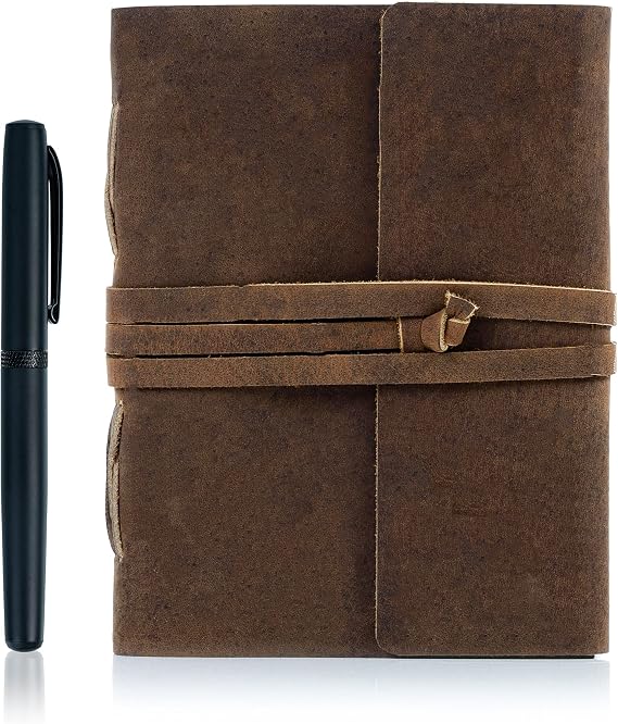 KomalC Leather Journal Lined Paper with luxury pen Handmade Leather Journal/Writing Notebook Diary/Bound Daily Notepad for Men & Women Medium, Writing pad for Artist, Sketch (7 X 5)