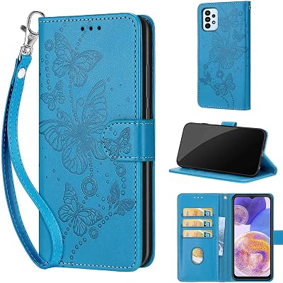 Designed for Samsung Galaxy A23 5G Case Wallet,Women Flip Folio Cover with Embossed PU Leather Stand Credit Card Holders Slots Wrist Strap Phone Case for Samsung A23 5GA23 4G Blue Butterfly