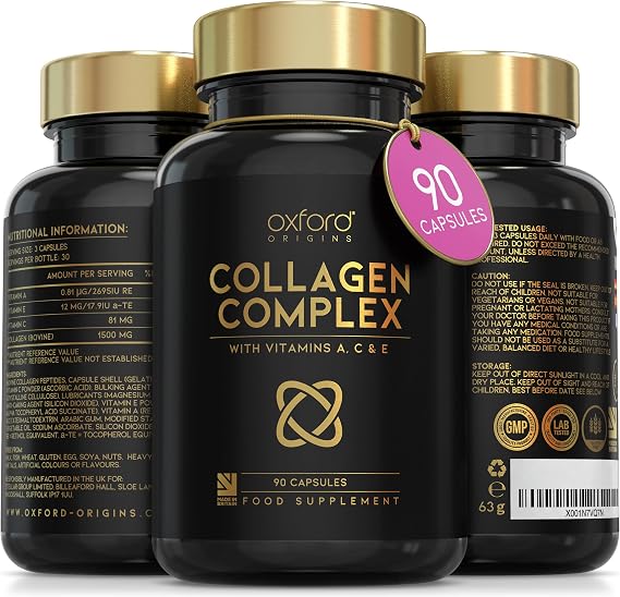 Award Winning Collagen Complex | Made in the UK | Hydrolysed Collagen Supplements for Women & Men Enhanced with High Absorption Hair Skin and Nails Vitamins A, C & E | 90 Capsules