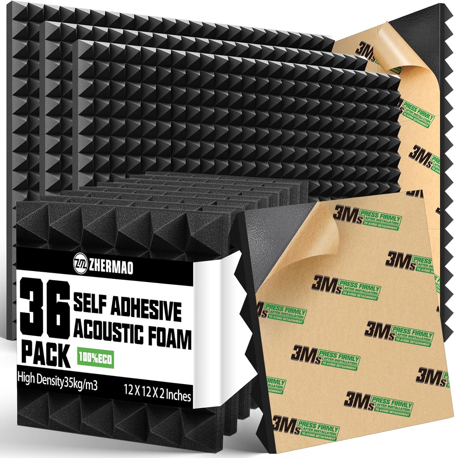 36 Pack Self-Adhesive Sound Proof Foam Panels, Fast Expand, 2 X 12 X 12 Acoustic Panels High Density, Acoustic Foam Fire-Retardant, Pyramid Design Soundproof Wall Panels, Sound Absorbs Studio Foam