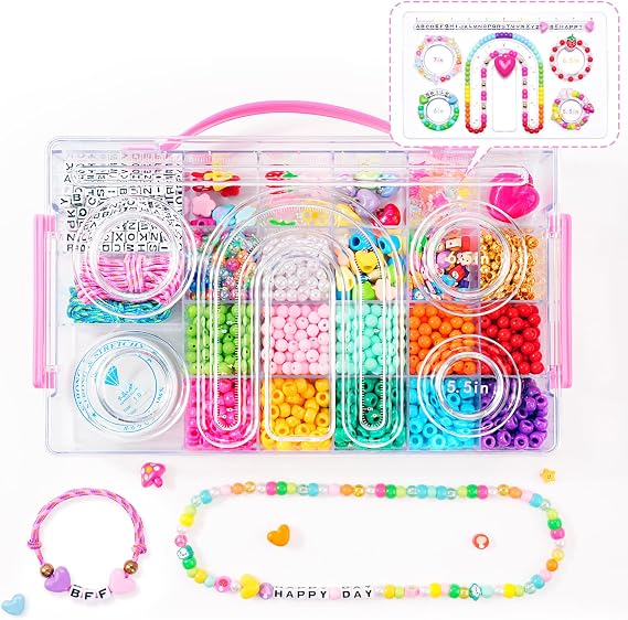 MAKERSLAND Jewelry Making Kit with Bead Board DIY Craft Kits Kandi Pony Beads Bulk Clay Bead for Bracelet Necklace Making, Keychains, Storage Box with Handle and Tray for Kids Adults Birthday Gift