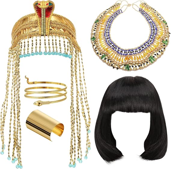 Yunlly 5 Pcs Egyptian Headpiece for Women Short Black Bob Wigs Head Chain Snake Arm Cuff Collar Necklace Bracelet Accessory