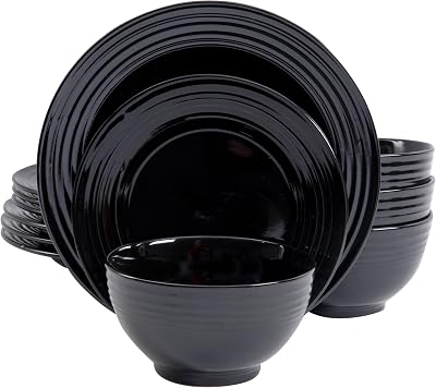 Gibson Home 12 Piece Plaza Cafe Round Dinnerware Set with Embossed Stoneware, Black