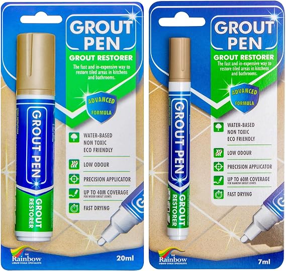 Grout Pen Tile Paint Marker: Waterproof Grout Colorant and Sealer Pen to Renew, Repair, and Refresh Tile Grout - Cleaner Coating Stain Pens - 2 Pack, 5mm Narrow and 15mm Wide Tip Pen - Beige