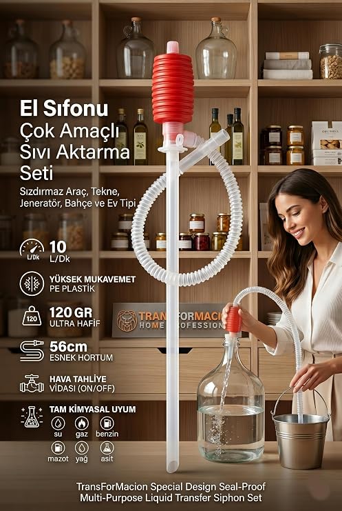 Transformacion Profesyonel Manuel Sıvı Transfer Sifon Pompası Seti - Benzin, Mazot, Yağ, Su ve Kimyasal Uyumlu Taşınabilir El Pompası (56 cm Hortum, Dakikada 10 Litre Akış Hızı) 719951