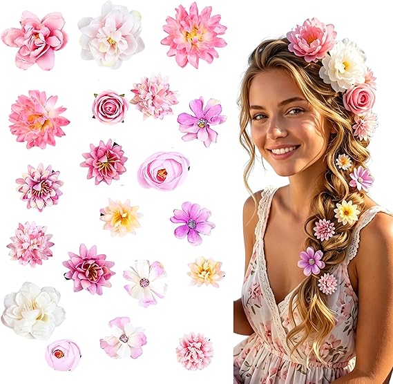 21-Pack Bohemian-Style Floral Hair Clip, Rapunzel Hair Flowers, Hawaiian Flower Hair Clip, Bridal Flower Hair Accessories for Women & Girls, For Beach, Parties & Weddings (Purple, White, Pink)
