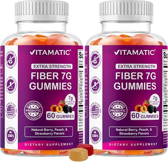 Vitamatic Prebiotic Fiber Gummies for Adults 2 Pack (Total 120 Gummies) 7g Fiber per Serving | Extra Strength | Zero Sugar Added | Pectin-Based | Digestive Health & Regularity Support