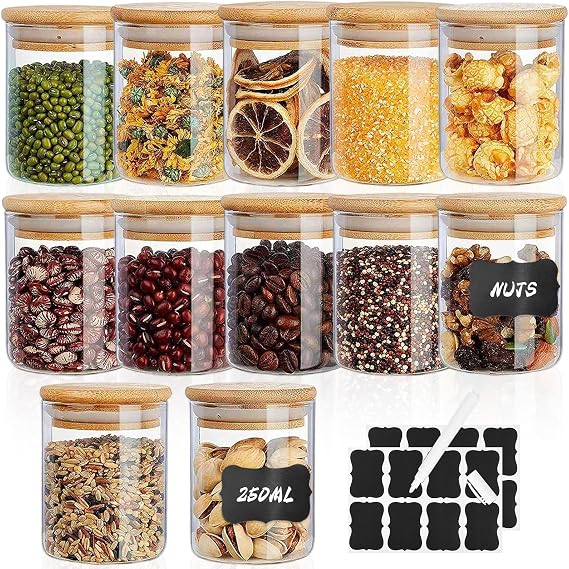 12Pcs Glass Spice Jars with Bamboo Lids & Labels, 250ml Round Storage Jars Empty Airtight Container, Kitchen Small Seasoning Jar Air Tight Containers for Home Tea Pasta Coffee Flour Herbs Grains Nuts