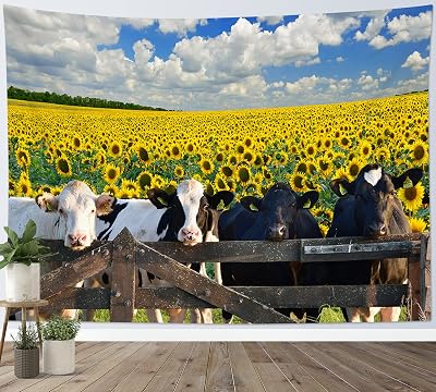 HVEST Black and White Cow Tapestry Wall Hanging Sunflower Rustic Yellow Floral Wall Art Funny Farm Animal Tapestry for Bedroom Living Room Dorm Apartment Wall Decor, 60W X 40H inches