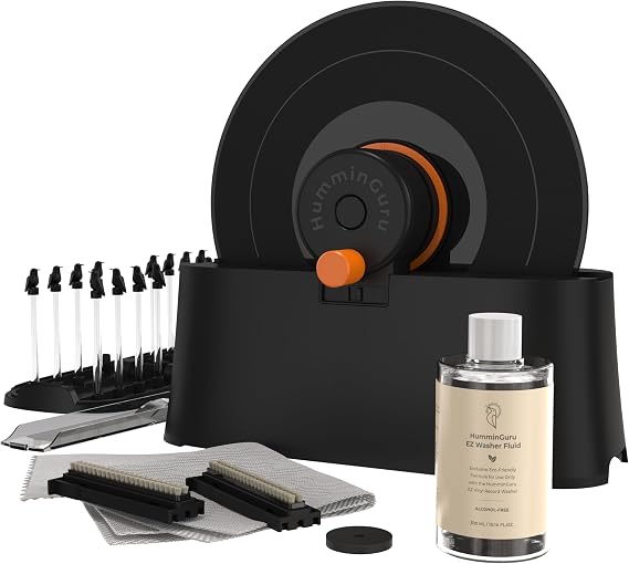 HumminGuru EZ Record Washer - Anti-Static Vinyl Record Cleaner Machine Kit | Easy Spin Watertight Label Clamp, Gentle Goat-Hair Cleaning Brushes & Alcohol-Free LP Fluid, Drying Rack & Microfiber Cloth