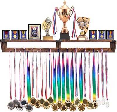 LAVIEVERT Gymnastic Medal Hanger with Storage Shelf, Wooden Wall-Mounted Trophy Shelf, Race Medal Display Rack Holder with 23 Hanging Bars